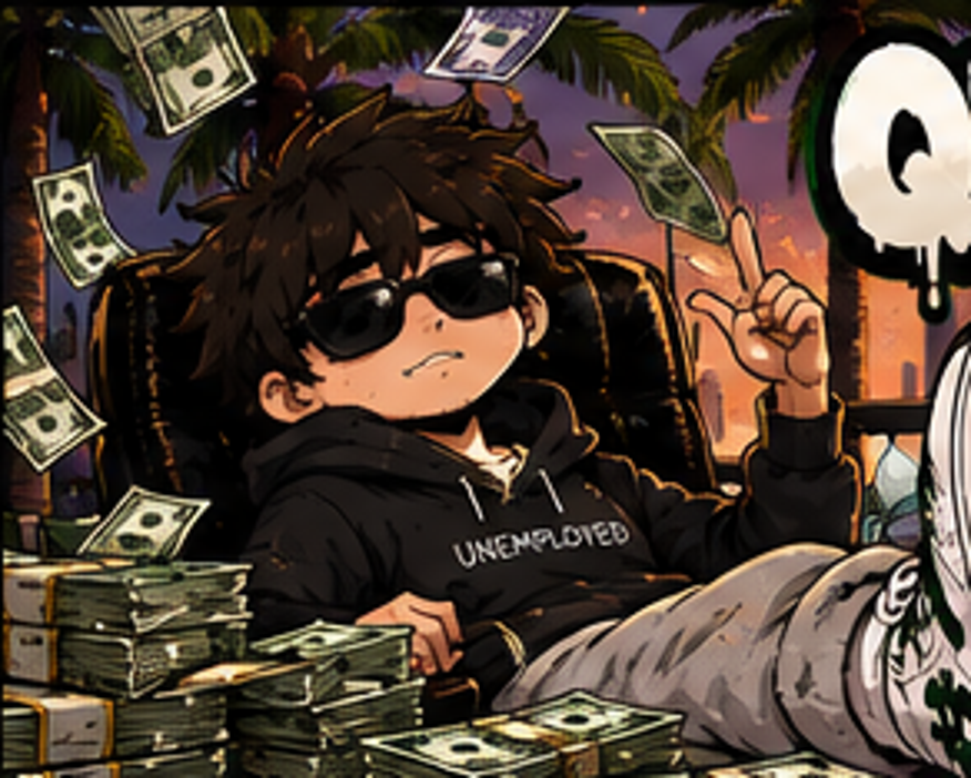 Mascot relaxing in a pile of cash under falling dollar bills